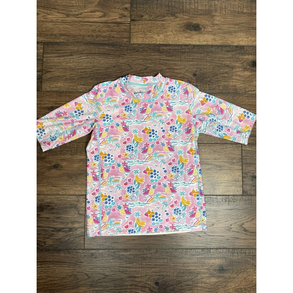 Coolibar Youth XL Sea Island Rash Guard Short Sleeve Pink Beach UPF 50+